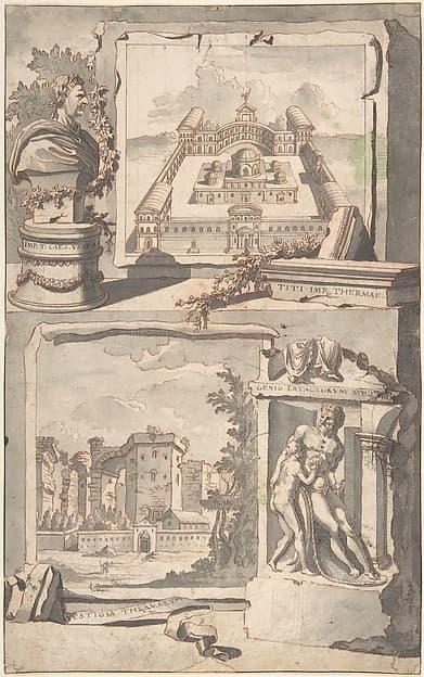 Reconstruction of the Thermae of Titus (above) and a View of the Ruins (below) — Jan Goeree