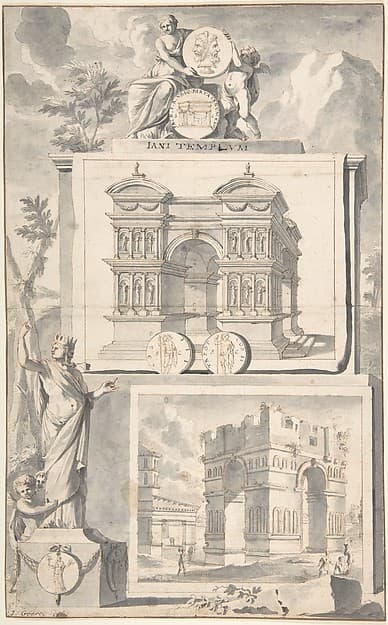 A Reconstruction of the Temple of Janus (above) and a View of the Ruins (below) — Jan Goeree