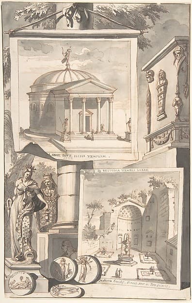 A Reconstruction of the Templum Isis (above) and a View of the Ruins (below) — Jan Goeree
