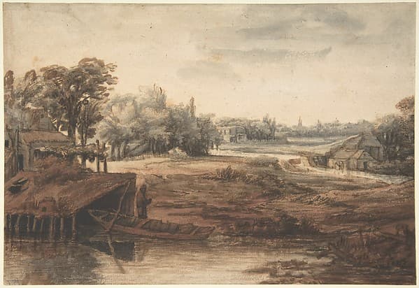 River Landscape with a Man Standing by a Boathouse — Philips Koninck