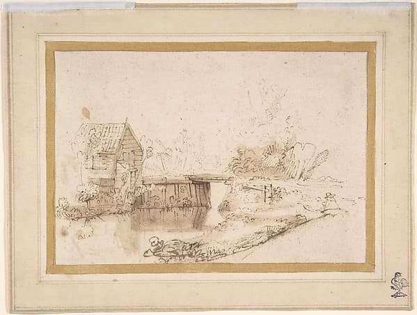 Landscape with a Draughtsman Seated by a River, a Bridge and a Cottage Behind — Nicolaes Maes