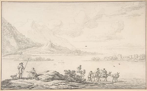 Landscape with mountains and a lake, figures in the foreground — Jan van der Meer the Younger