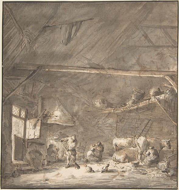 Barn Interior with Peasants and Cows (recto); Six Studies of Peasants (verso) — Isaac van Ostade