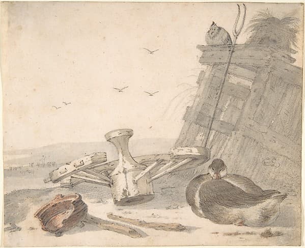 A Duck Sleeping near a Broken Wheel in a Farmyard, a Chicken beyond — Cornelis Saftleven