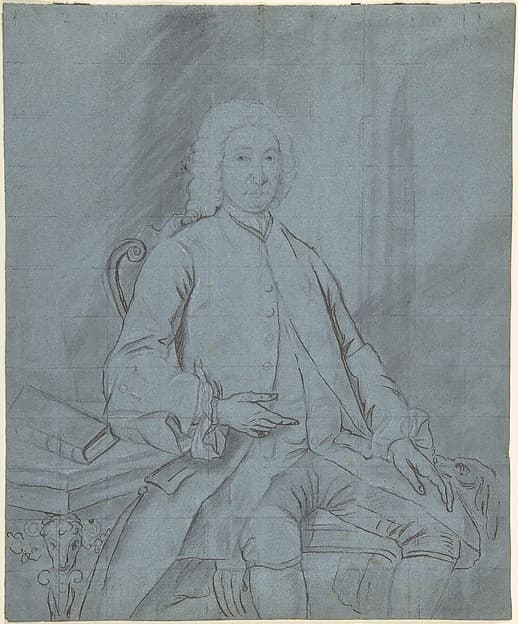 Three-quarter length portrait study of a man seated at a desk with a dog — Joseph van Aken