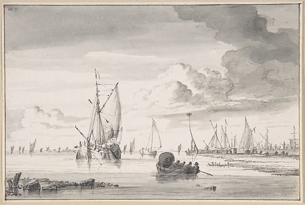 Various Ships and a Rowing Boat on an Estuary — Wigerus Vitringa
