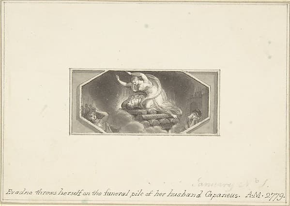 Evadne throws herself on the Funeral Pile of her Husband Capaneus — Edward Francis Burney