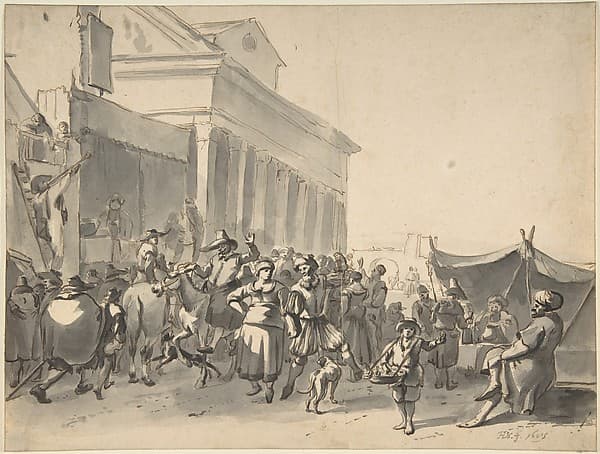 An Italian City with a Crowd Watching Actors in an Outdoor Theater — Hendrick Verschuring