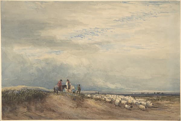 Riders with sheep near an estuary — David Cox
