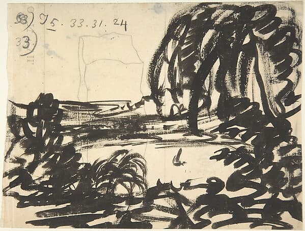 A blot-lake with boat, surrounded by trees — Alexander Cozens