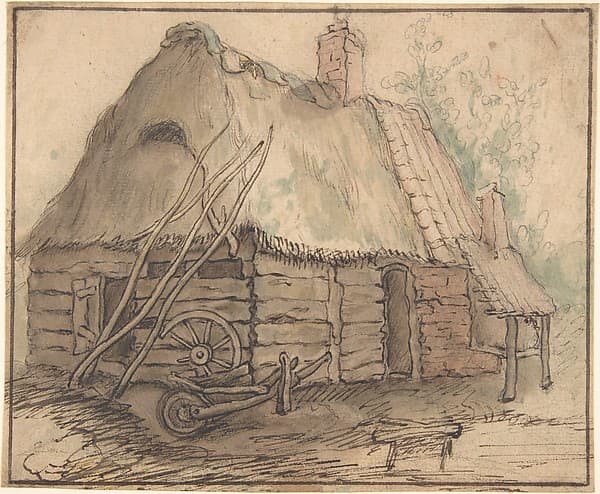 A Farm Building (recto); Head of a Woman and Slight Sketch of Woman Holding a Child (verso) — Abraham Bloemaert