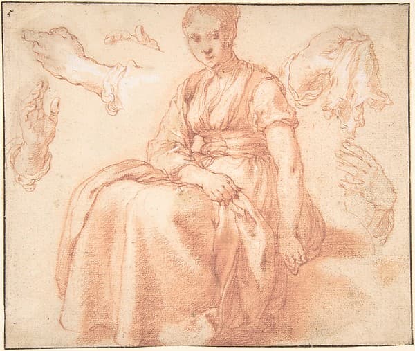 Study of a Seated Woman and Five Studies of Hands; Verso: Landscape with a Road and a Tree to the Right — Abraham Bloemaert