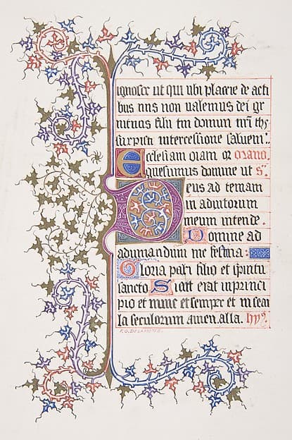 Illuminated Leaf with Initial "E" (recto); Vine Border (verso) — Freeman Gage Delamotte