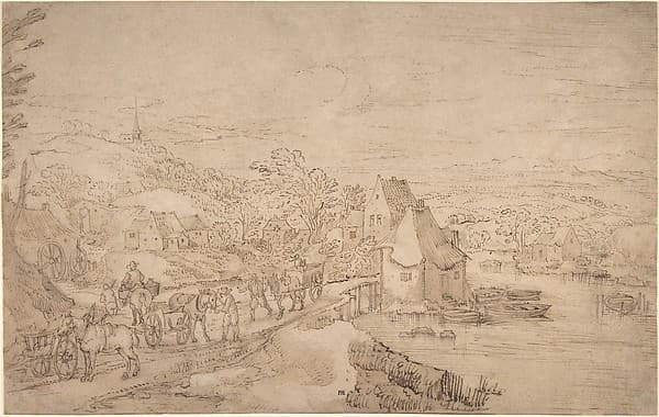 River Landscape with Wagons on a Road near a Village — Joos de Momper the Younger
