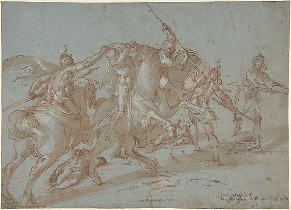 Classical Battle Scene; Verso: Peter and John Heal a Cripple at the Gate of the Temple — Bartholomeus Spranger
