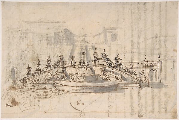 Manuscript page with a Project for a Fountain (recto); Project and Plan for a Monumental Staircase (verso) — Luigi Vanvitelli