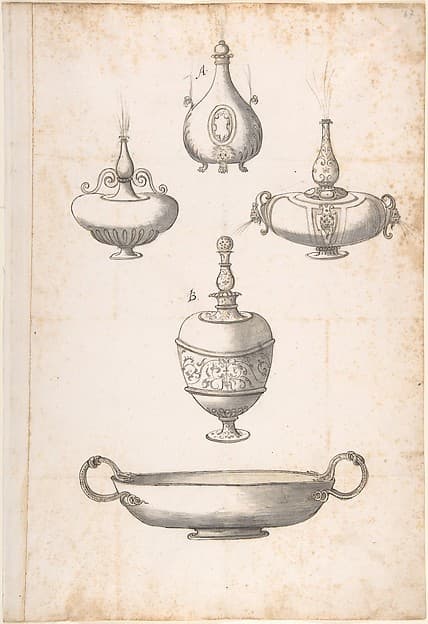 Design for Shallow Two Handled Dish and Four Perfume Bottles — Erasmus Hornick