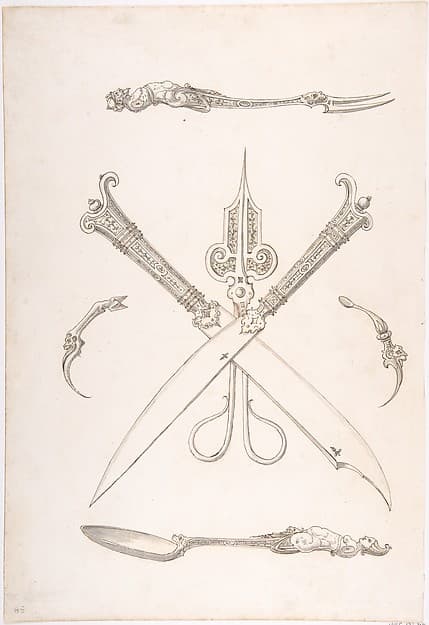 Design for Spoon, Fork, Two Knives (Crossed over scissors), Scissors, Ear Spoon and Toothpick — Erasmus Hornick