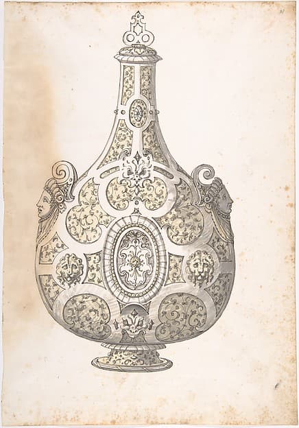 Design for a Silver- gilt Flask Decorated with Strapwork, Masks, Moresques — Erasmus Hornick