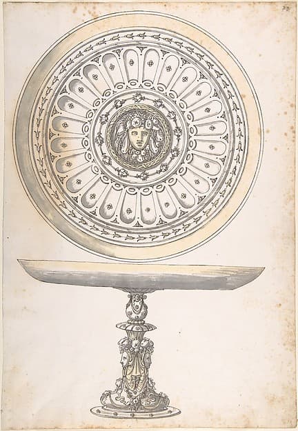 Shallow Round Dish on tall Pedestal Decorated with Fruit and Female Masks — Erasmus Hornick