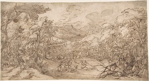 Wooded Landscape with Stag Hunt — Tobias Verhaecht