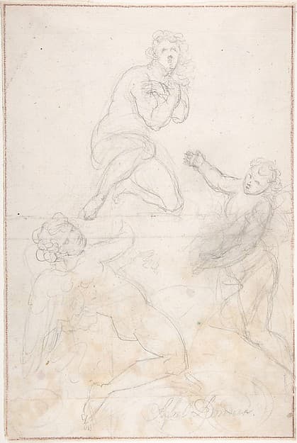 Kneeling Female Nude and Two Studies of Angels — Georg Raphael Donner