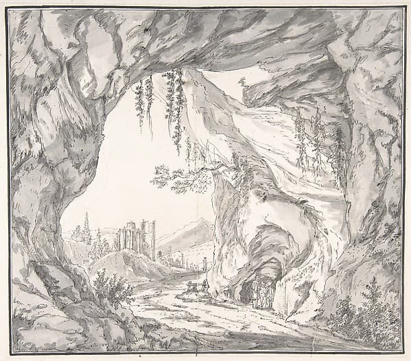 Mountainous Landscape with Ruins of a Castle and Three Men in a Cave, Seen through a Stone Gate — Johann Caspar Huber