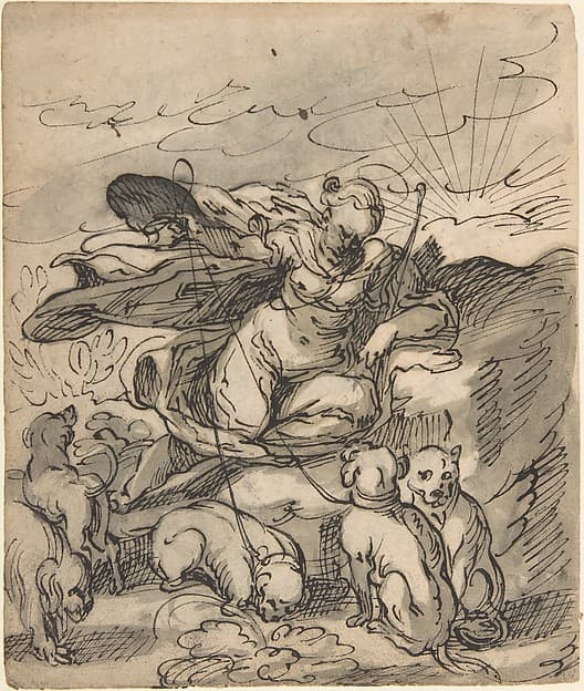 Diana Resting with Her Hounds (recto); Flora Seated by a Vase with Two Harks on the Ground, after Jost Amman (verso) — Hermann Weyer
