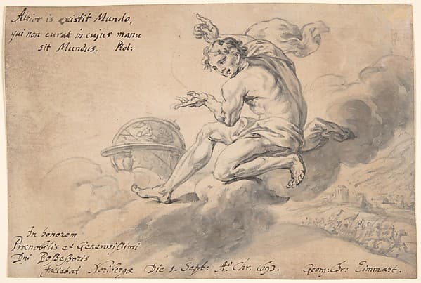 Man Sitting on a Cloud Above a Battlefield, Pointing to a Globe — Georg Christoph Eimmart the Younger