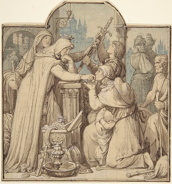 Kriemhild, in Mourning over Siegfried, Handing Out Treasures from the Nibelungen Hoard — Eduard Julius Friedrich Bendemann