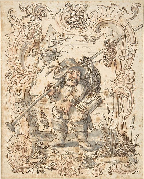 Caricatures of a Fish and a Bird Peddler in Ornamental Frames — Johann Esaias Nilson