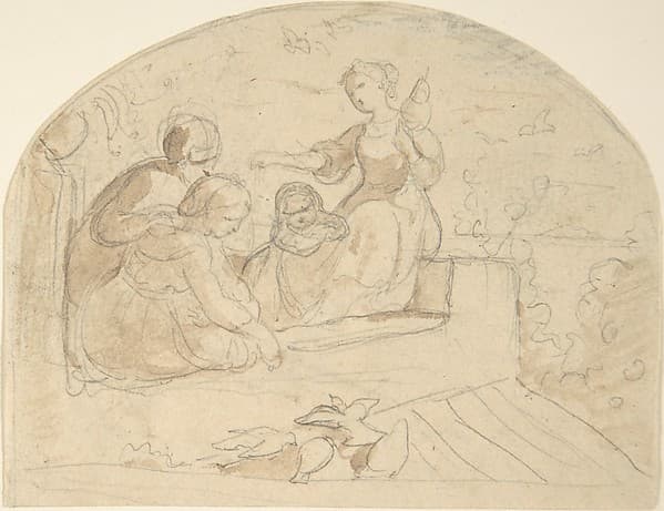 Three Women and a Child on a Roof — Adrian Ludwig Richter