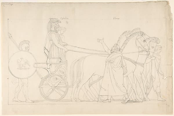 Composition from the "Tragedies of Aeschylus," plate 17 (recto); Goddess statue from "The Suppliants," plate 7 (verso) — John Flaxman