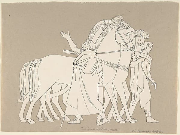 Two male classical figures with three horses (design for large fireplace white tiles produced in Wedgwood's factory) — John Flaxman