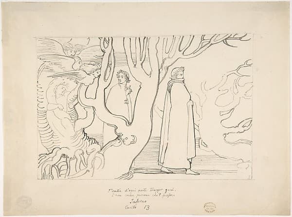 Dante and Virgil in the Suicidal Wood (Inferno, Canto 13, verses 22-23) — John Flaxman