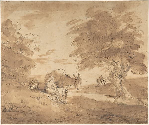 A Rest by the Way (Open Landscape with Figures, Donkey and Horses) — Thomas Gainsborough