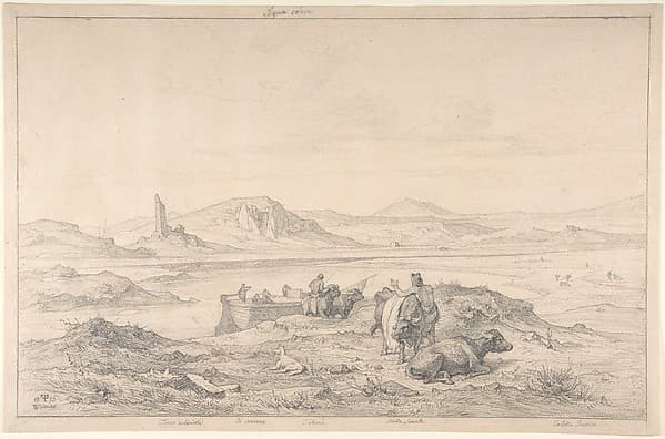 Italian Landscape with the Tiber River and Men with Cattle and a Boat — Friedrich Preller the Elder