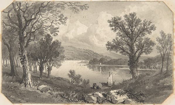 View of a lake or river with a sailboat — David Octavius Hill