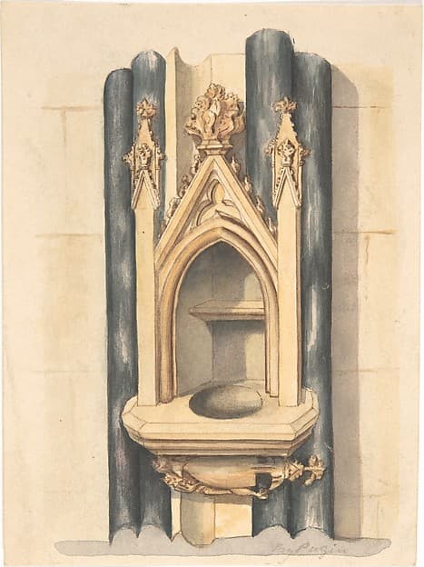 Design for baptismal font set between paired Purbeck marble columns — Auguste Charles Pugin
