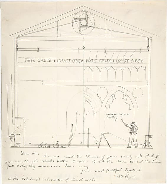 Letter with Sketch of Artist Painting Stage Scenery — Augustus Welby Northmore Pugin