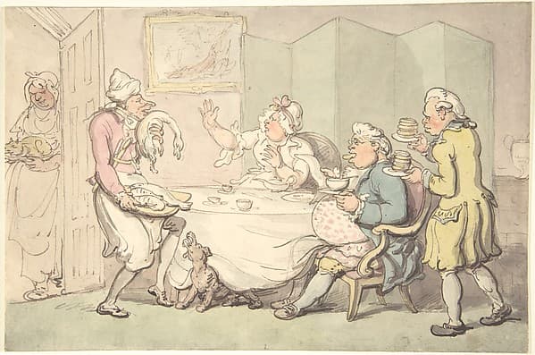 A Couple at Table with Servants — Thomas Rowlandson
