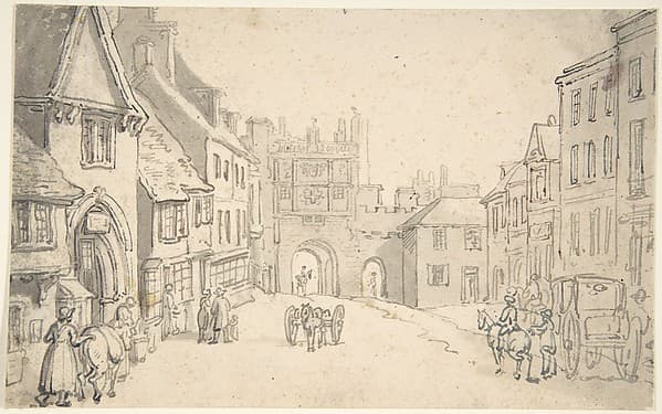 City View with Medieval Gate (perhaps York) — Thomas Rowlandson