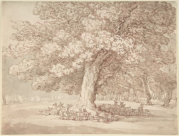Herd of deer under an oak tree — Thomas Rowlandson