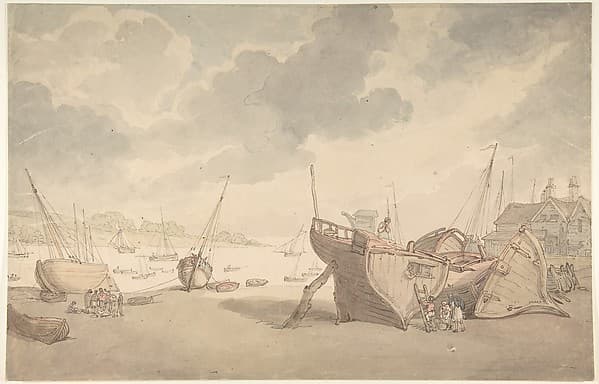 Harbor scene with the tide out, and beached boats — Thomas Rowlandson