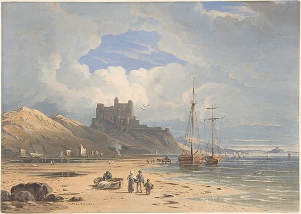 Bamborough Castle from the Northeast, with Holy Island in the Distance, Northumberland — John Varley