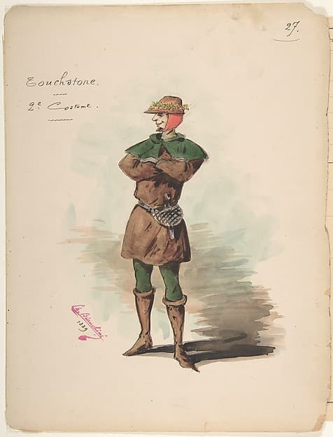 Costume Design for "Touchstone" [a]; Descriptive Sheet of Costume and Accessories [b] — Charles Bianchini