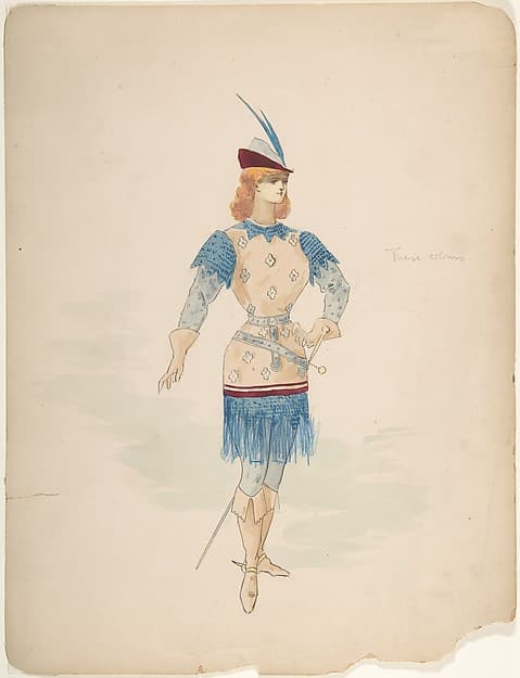 Costume Design for a Cavalier (?) in Blue and Burgundy with Feathered Cap and Sword — Charles Bianchini