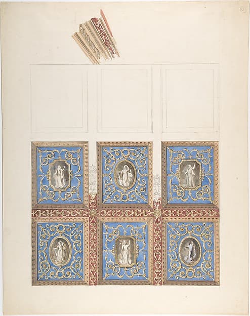 Carved and Painted Ceiling with Six Figural Medallions, for Cleish Castle — John Gregory Crace