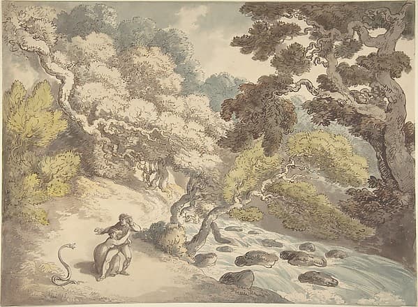 Landscape with rushing stream and a couple on the bank, frightened by a snake — Thomas Rowlandson