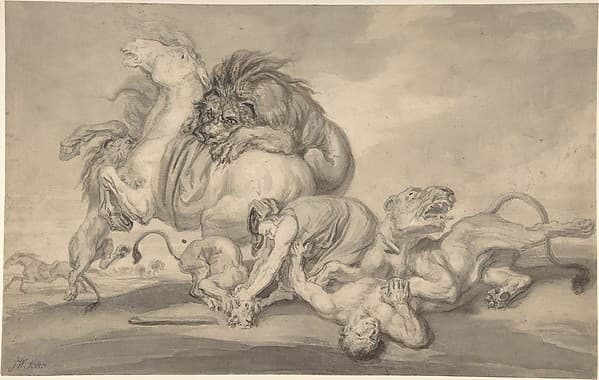 Lions Attacking Two Men and a Horse — James Ward